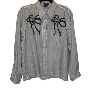 LasOlas Women’s Button Down Striped Black with‎ Bows and Bling Large